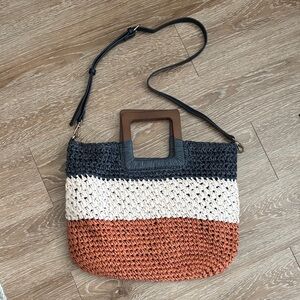 Sasha & Sofi blue/cream/orange straw purse w/ wood handle and crossbody strap